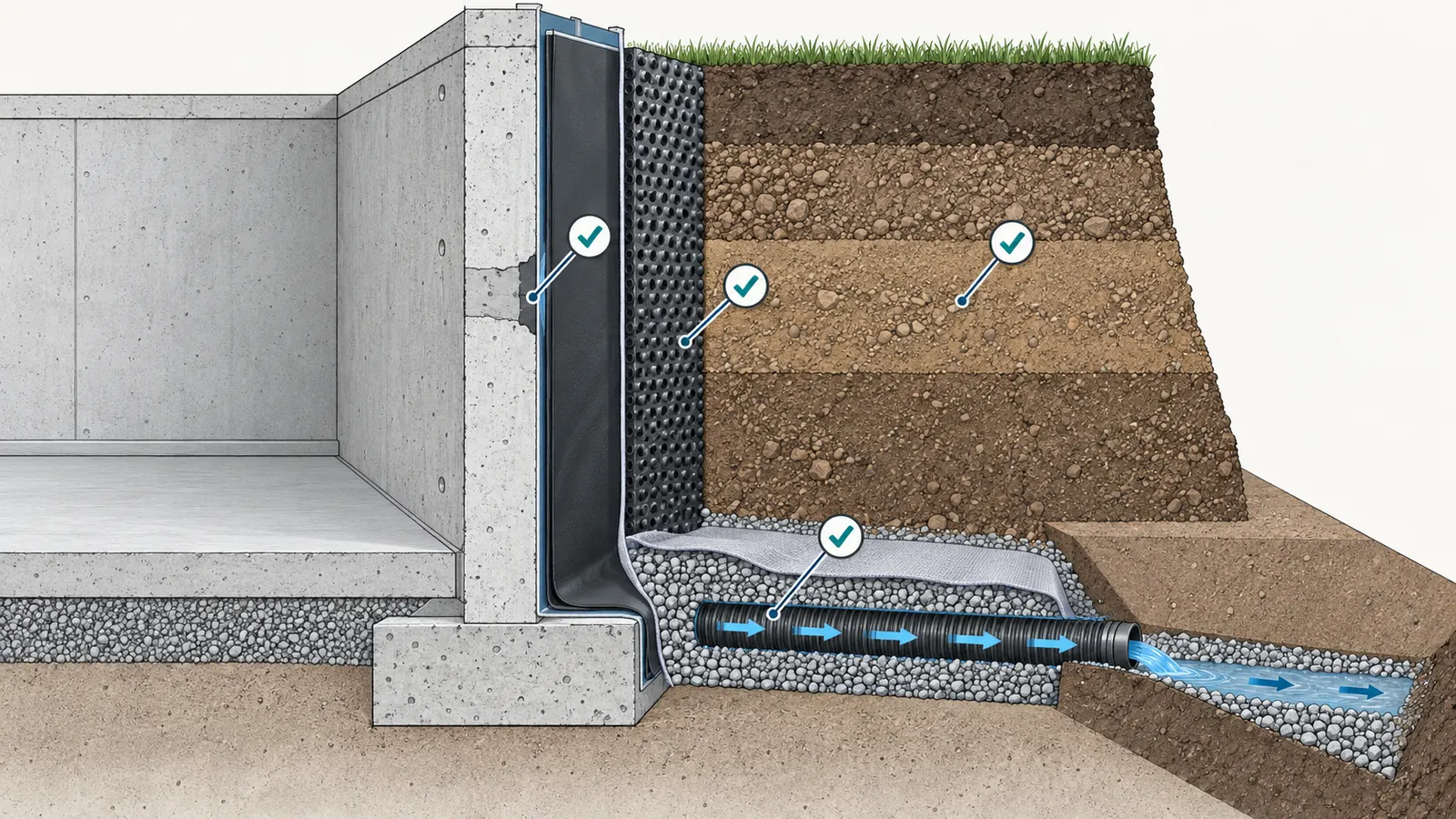 Foundation wall cutaway showing membrane, protection, drain tile, filter material, backfill lifts, and outlet path