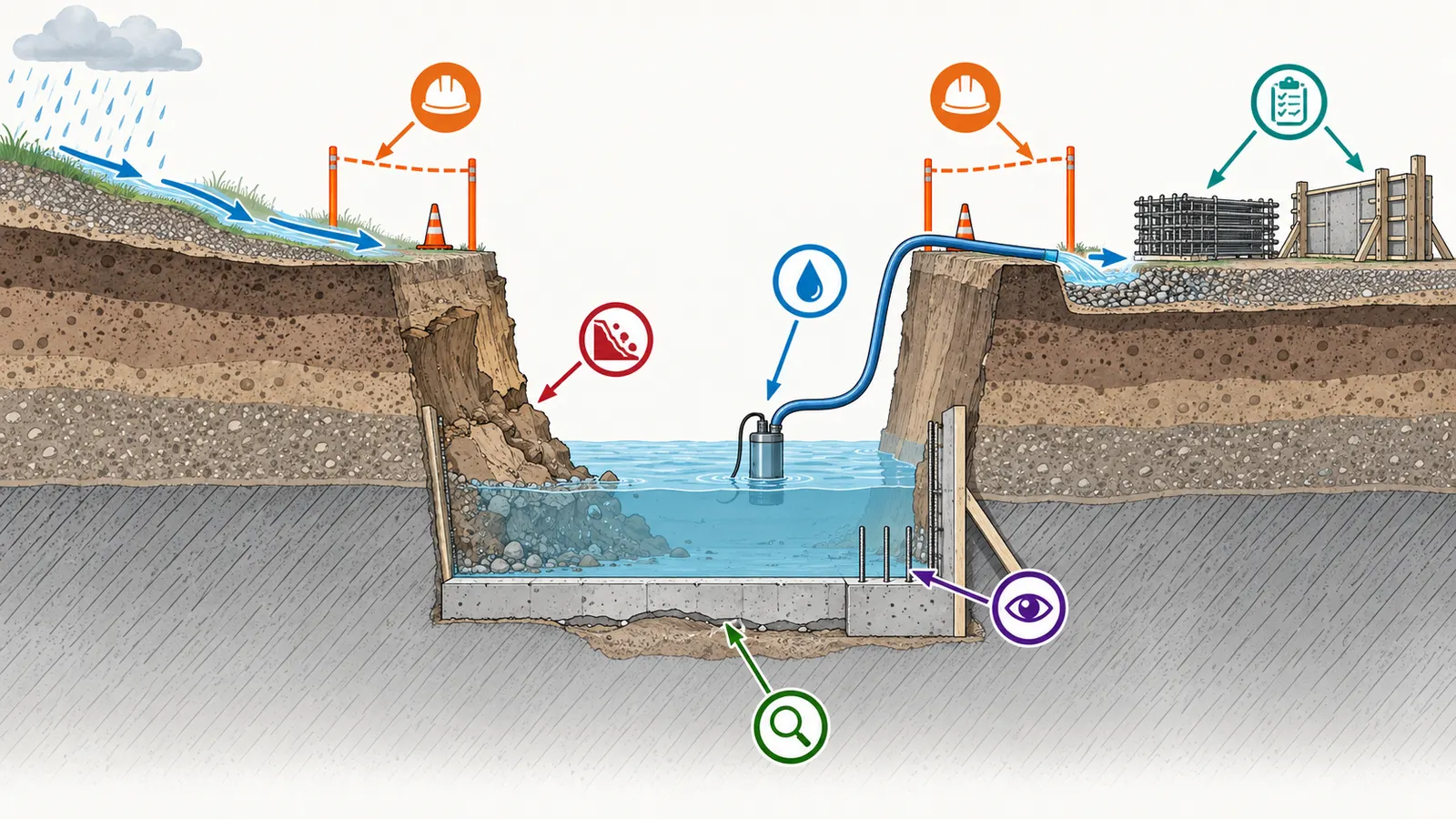 Foundation excavation cross-section showing runoff, standing water, sloughing, and footing bearing surface review