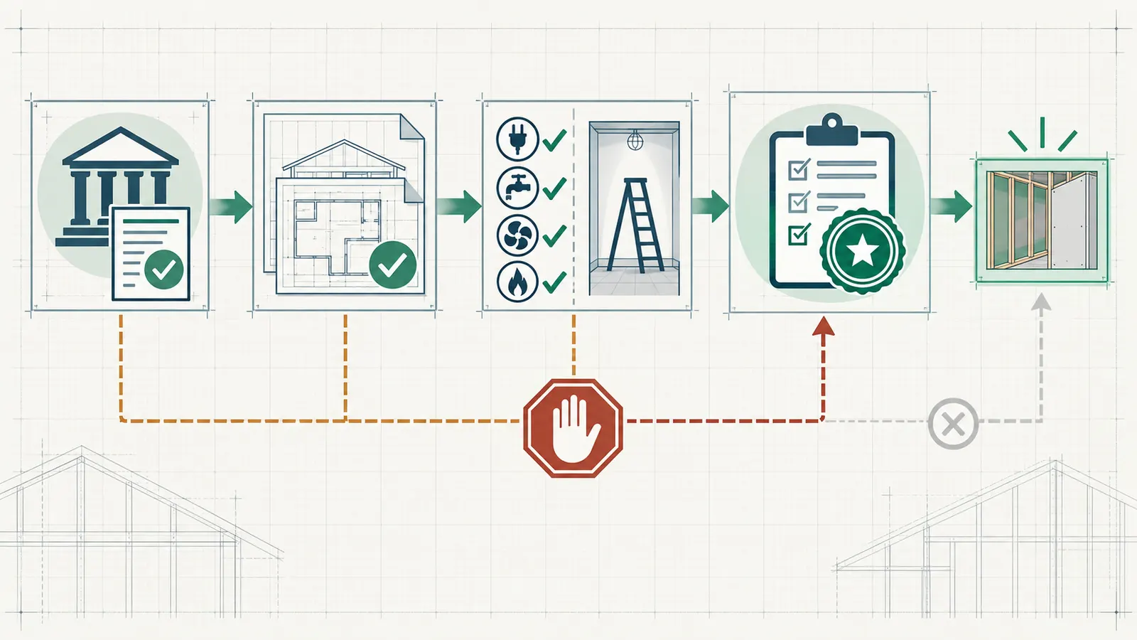 Diagram tracing a concealed-work release from jurisdiction and plans through prerequisites, inspection, approval and a bounded handoff