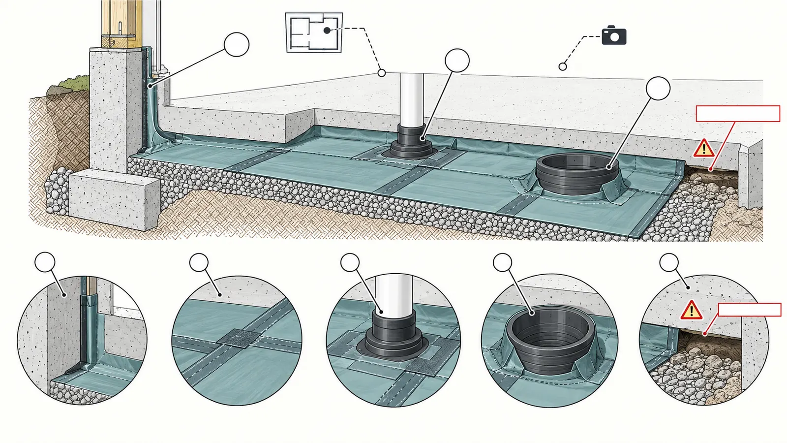Annotated soil-gas barrier with sealed seams, edge transitions, pipe penetration, and open-item callouts