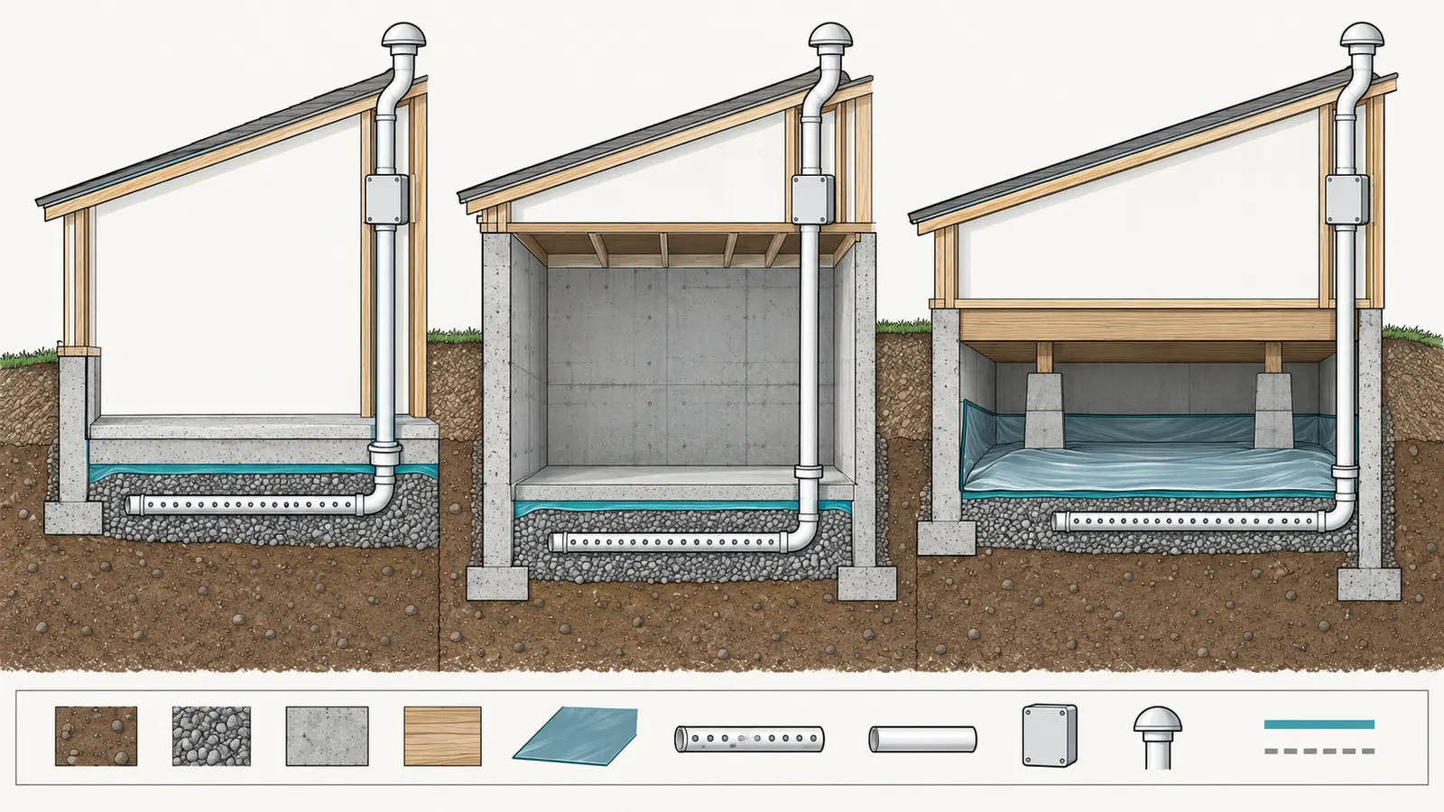 Cutaway of slab, basement, and crawlspace radon collection paths connected to a labeled vent riser