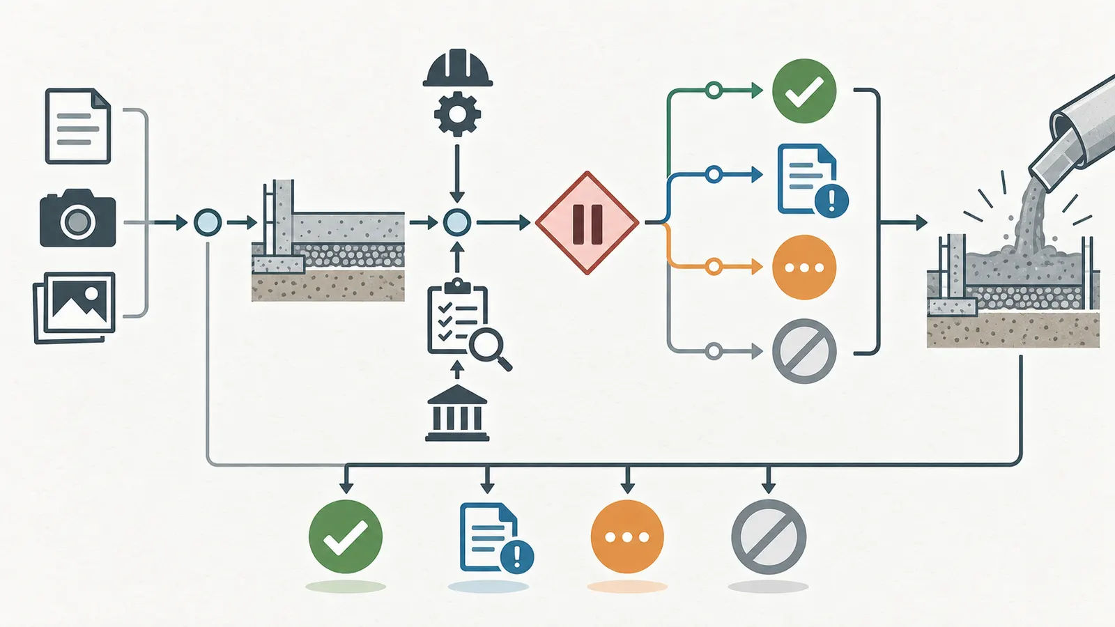 Decision map linking approved detail, responsible person, inspection record, photo evidence, and release status
