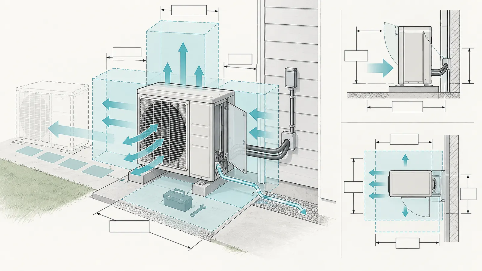Three-dimensional clearance volume around an exterior unit with airflow, service panel, drain and replacement paths