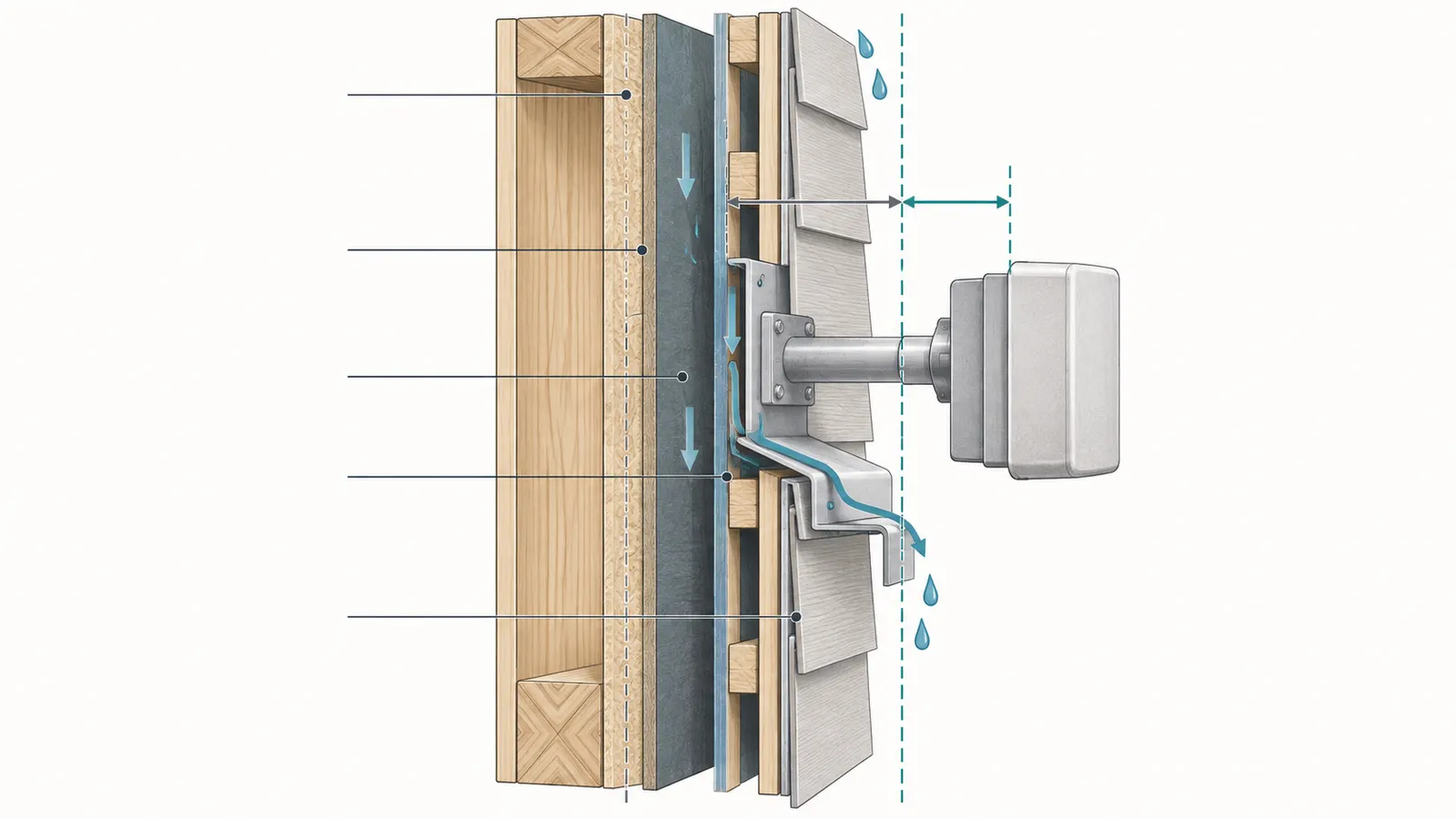 Wall-section cutaway showing finished cladding reference, support plane, flashing and drainage layers