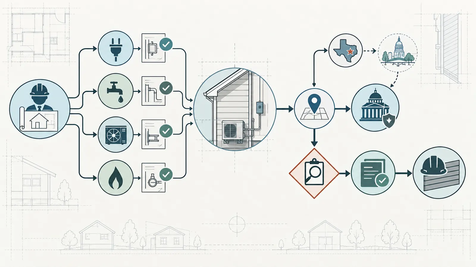 Jurisdiction-aware handoff map from builder coordination to trade, utility, AHJ, inspection and cladding release