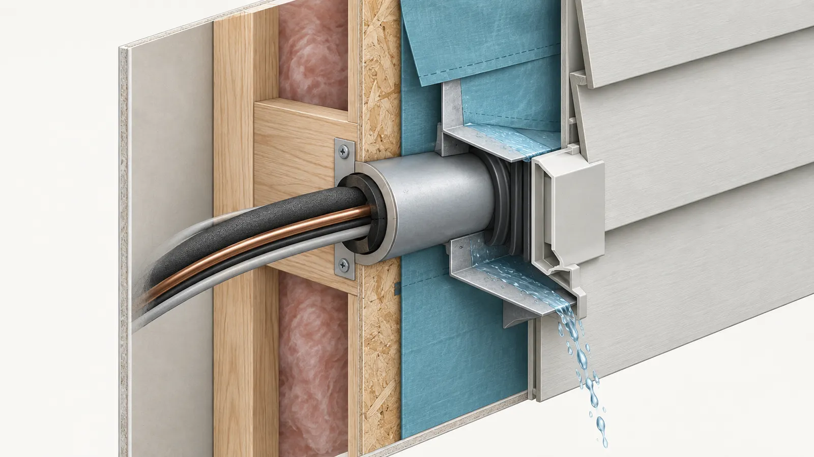 Layered wall penetration cutaway showing sleeve, upper flashing lap, WRB, trim and drainage exit