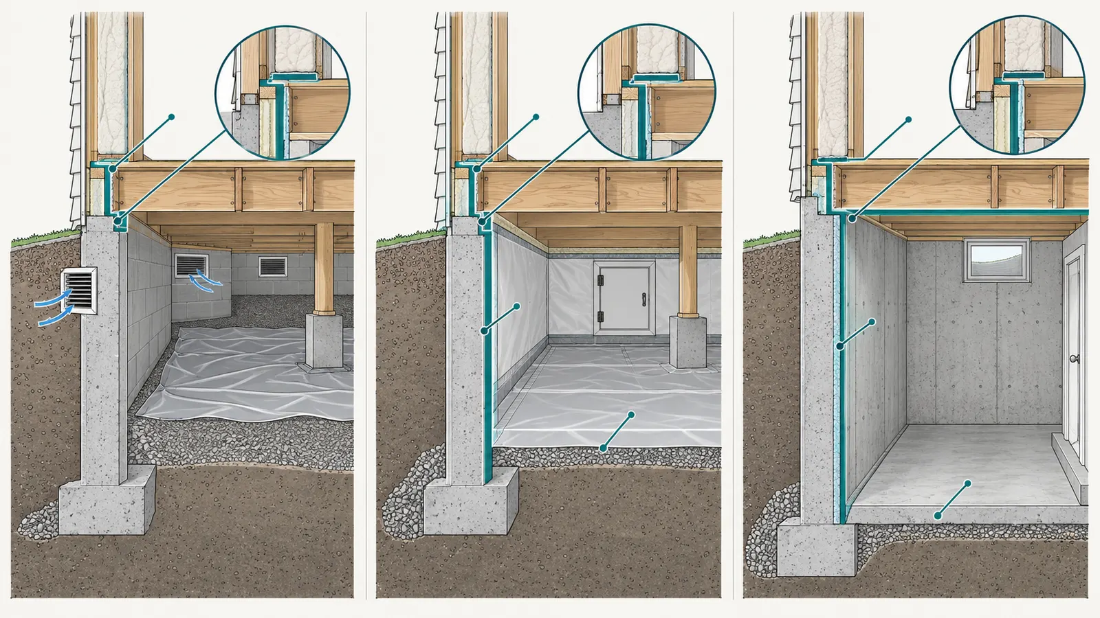 Comparison of floor-boundary and crawlspace-wall boundary paths with their transitions and release checks.