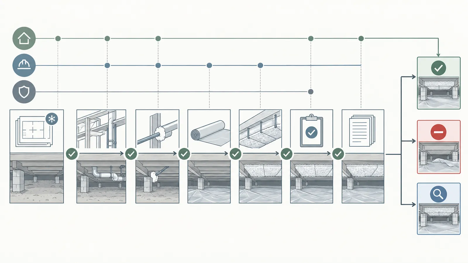 Decision map from design freeze through inspection, release, hold or professional review.