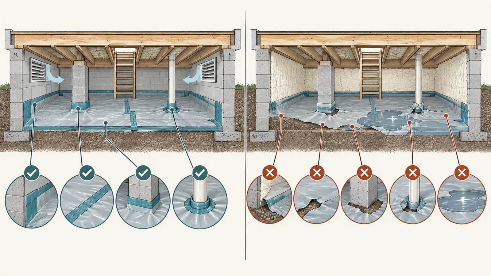 Ground-cover continuity diagram for vented and enclosed crawlspaces.