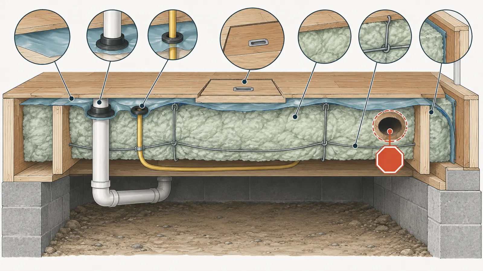 Cutaway of a joist bay showing sealed penetrations, insulation contact and support.