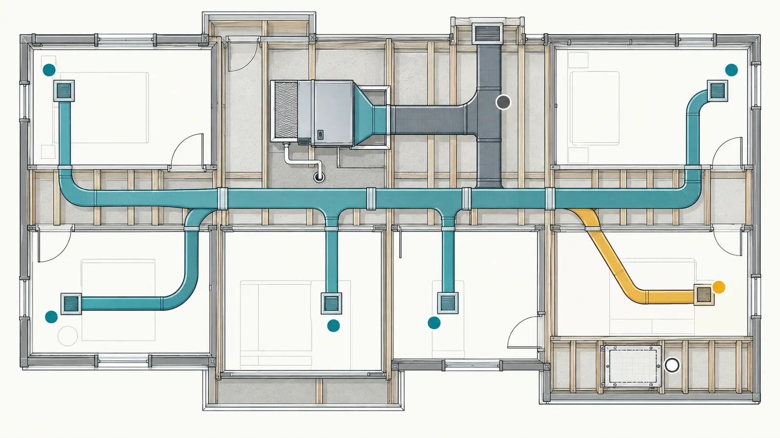 Plan-to-field diagram tracing an air handler, supply branches, returns, boots and penetrations through a home