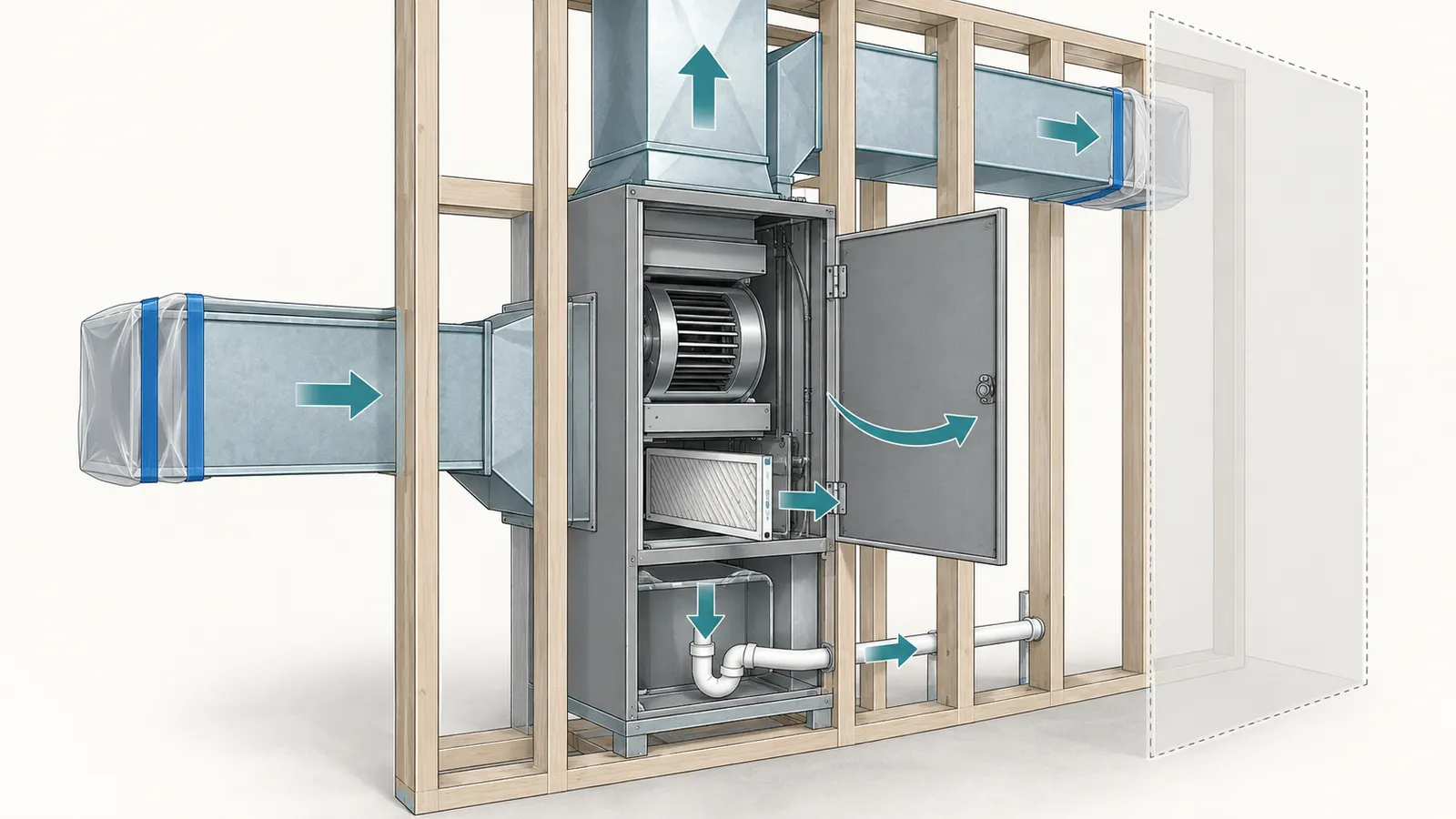 Cutaway of an air handler showing filter removal, service panel clearance, condensate access and protected openings