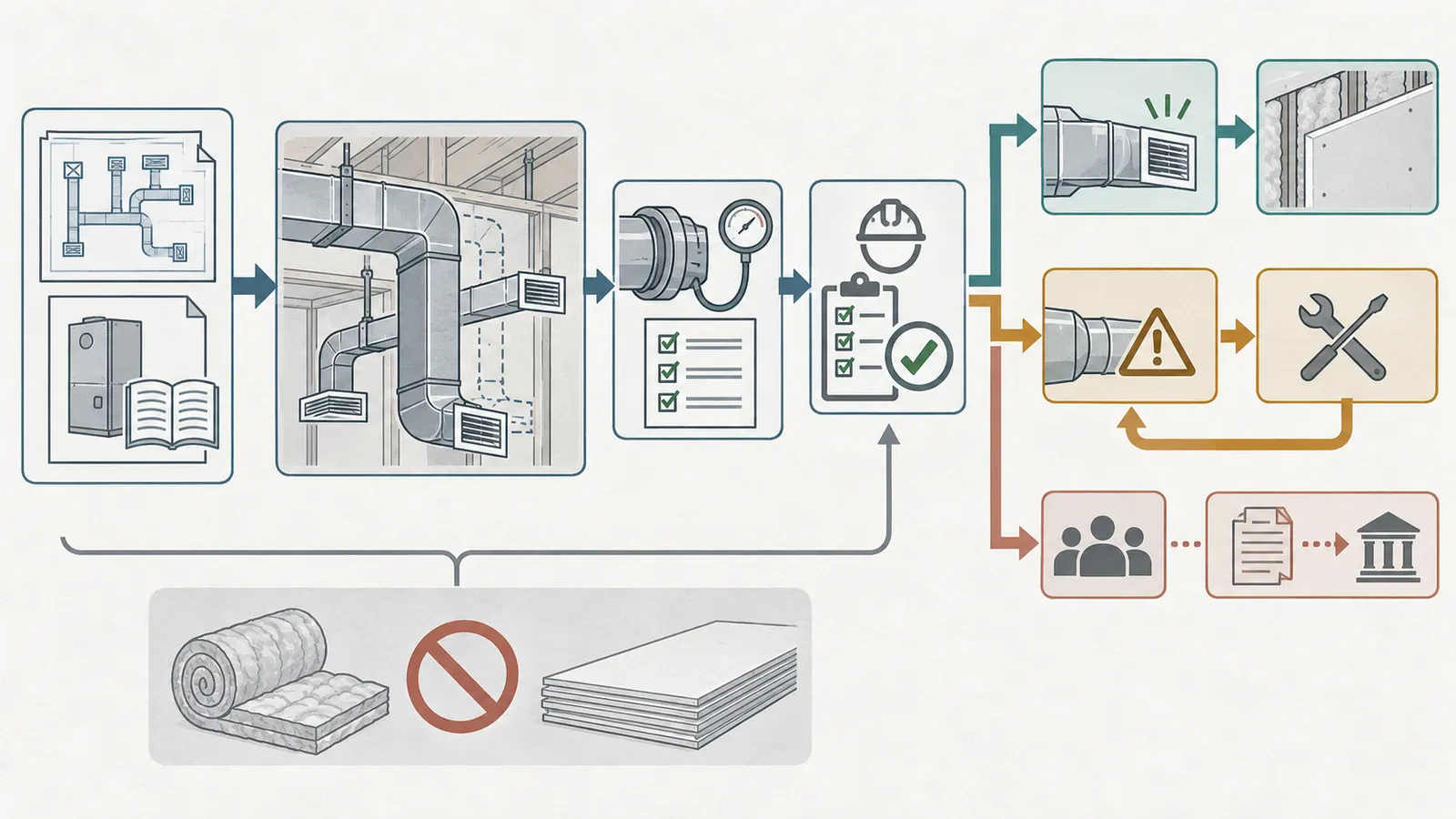 Decision map showing the checks that move an HVAC rough-in from hold to insulation and drywall release