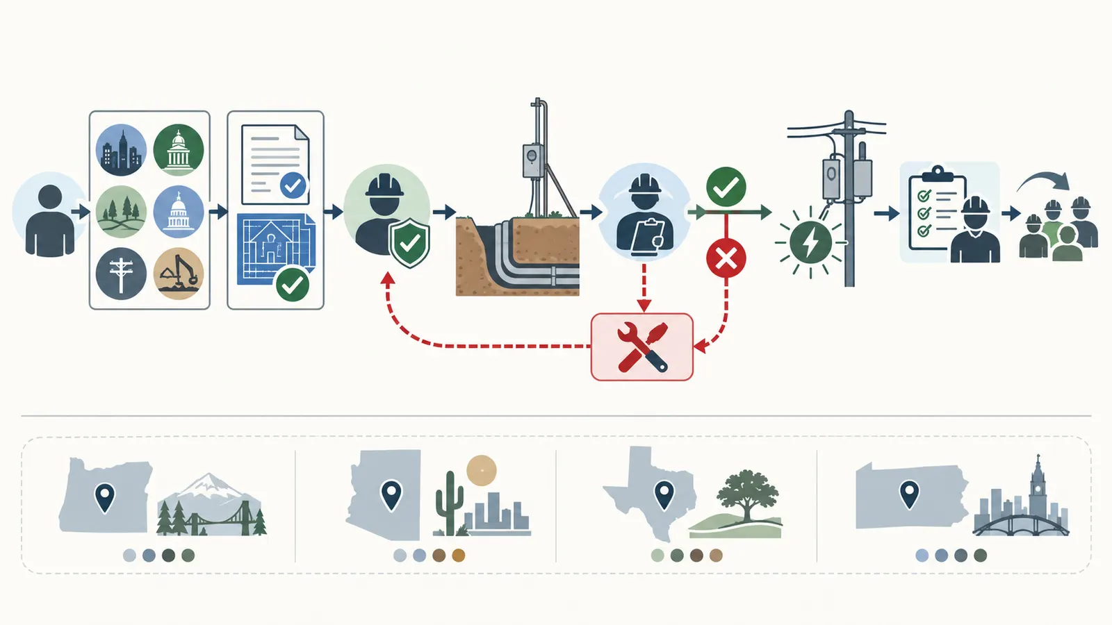Jurisdiction-specific inspection sequence linking permit scope, exposed work, AHJ result, provider release, and crew handoff.