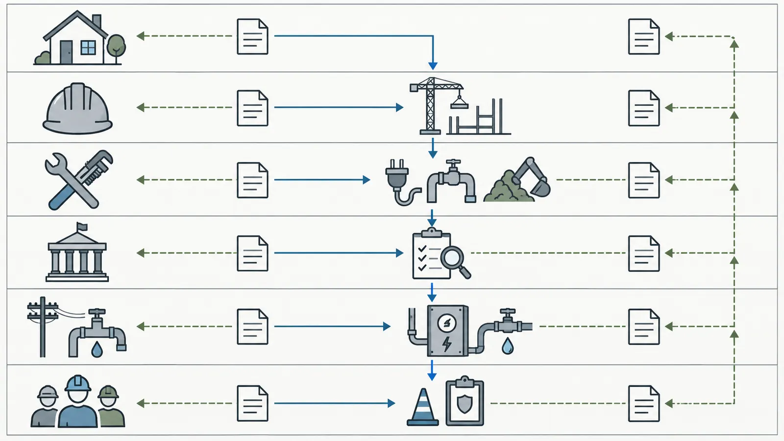 Swimlane diagram separating homeowner, builder, qualified trades, AHJ, utility, and employer responsibilities.