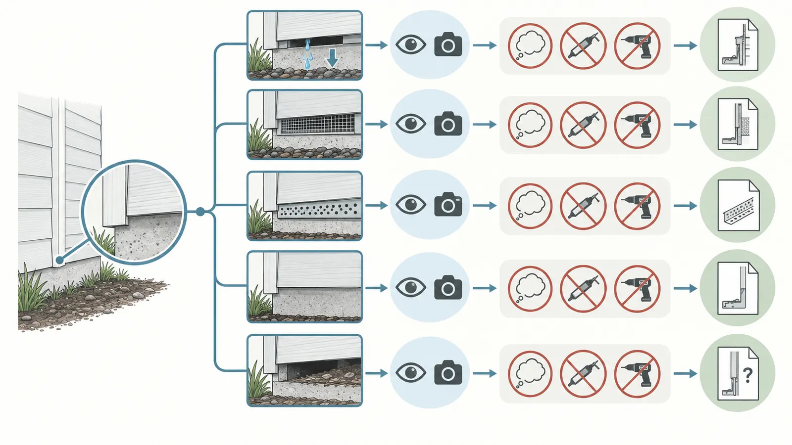 Decision map distinguishing a drain opening, screened vent, solid closure, and unknown gap at siding base