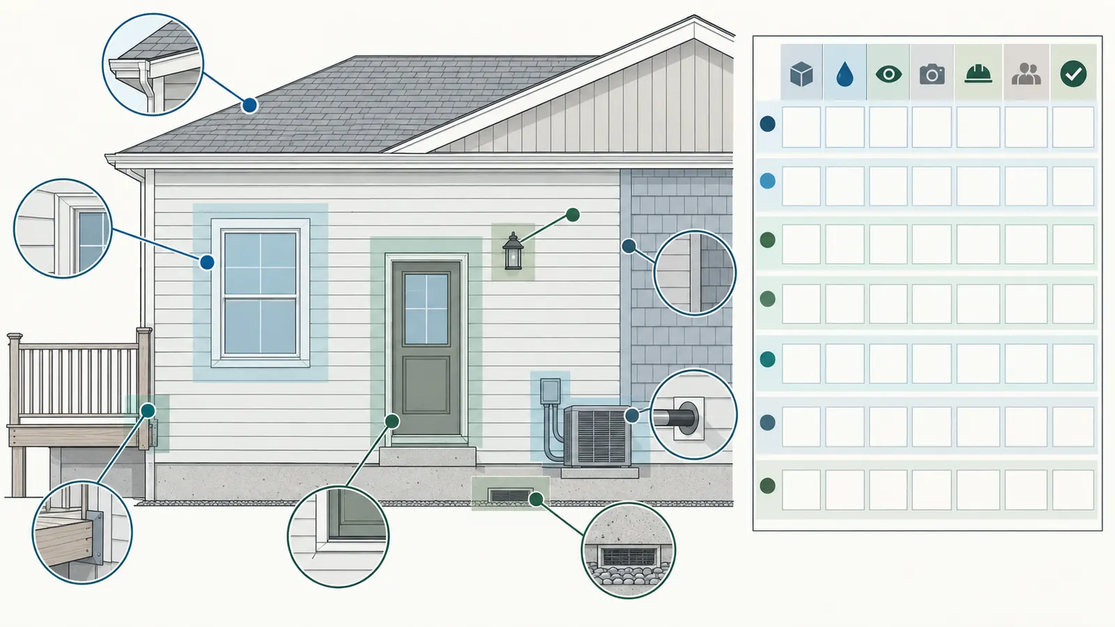 Annotated house elevation with IDs for windows, doors, services, trim blocks, and drainage transitions