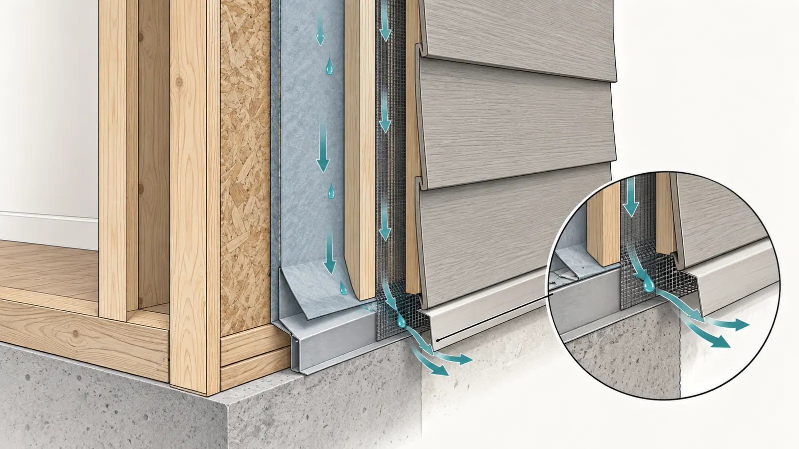 Cutaway wall showing cladding, drainage cavity, WRB, flashing, screened base exit, and water path