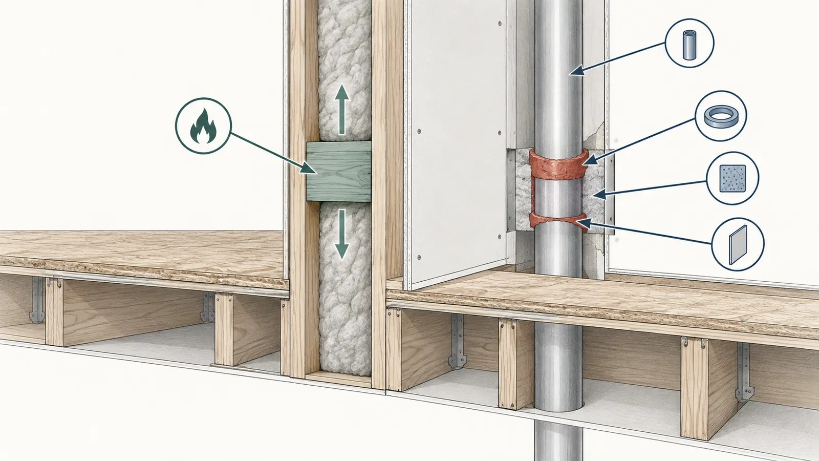 Annotated wall and floor cutaway distinguishing concealed-space fireblocking from a rated-assembly penetration firestop system.