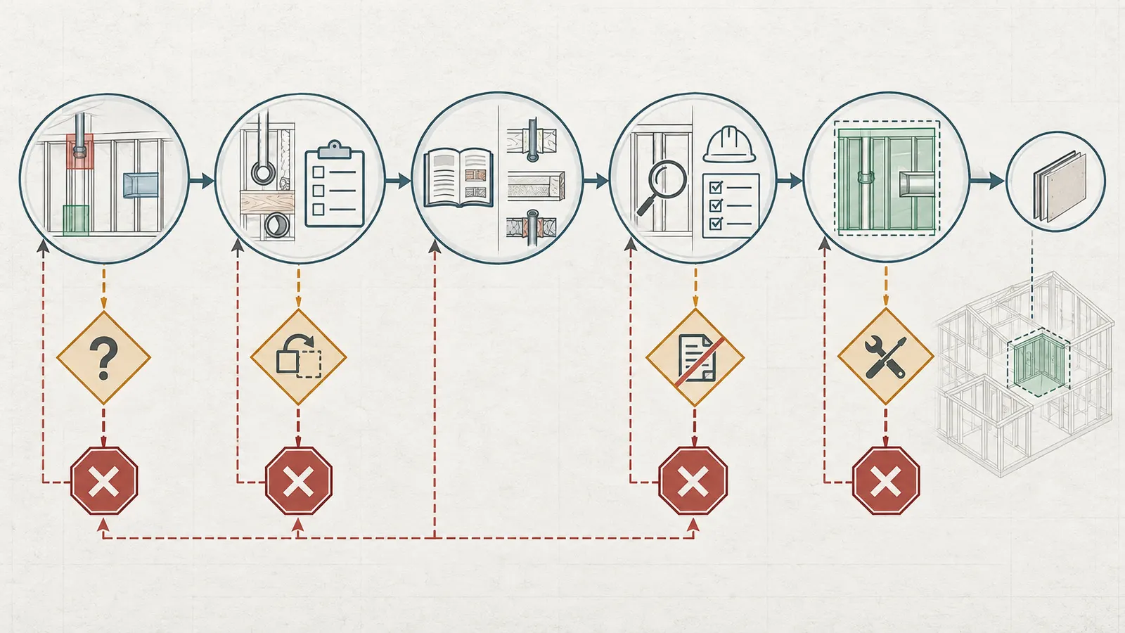 Decision map showing how a homeowner moves from classified concealed fire protection to a bounded insulation or drywall release.