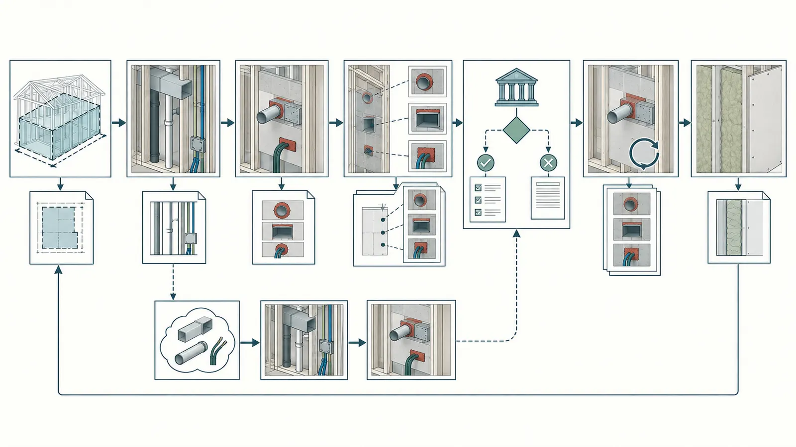 Pre-covering sequence diagram connecting rough trades, protection records, inspections, corrections, recheck, and the next trade release.