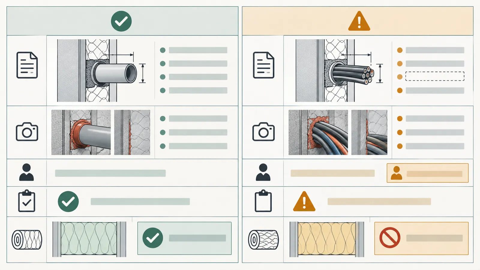 Illustrative release-matrix comparison showing a matched rated-wall penetration row beside a held row with a changed cable bundle.