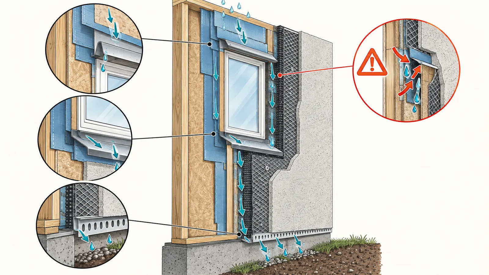 Cutaway of stucco wall layers showing WRB, flashing, drainage space, lath, weep screed, and water moving down and out