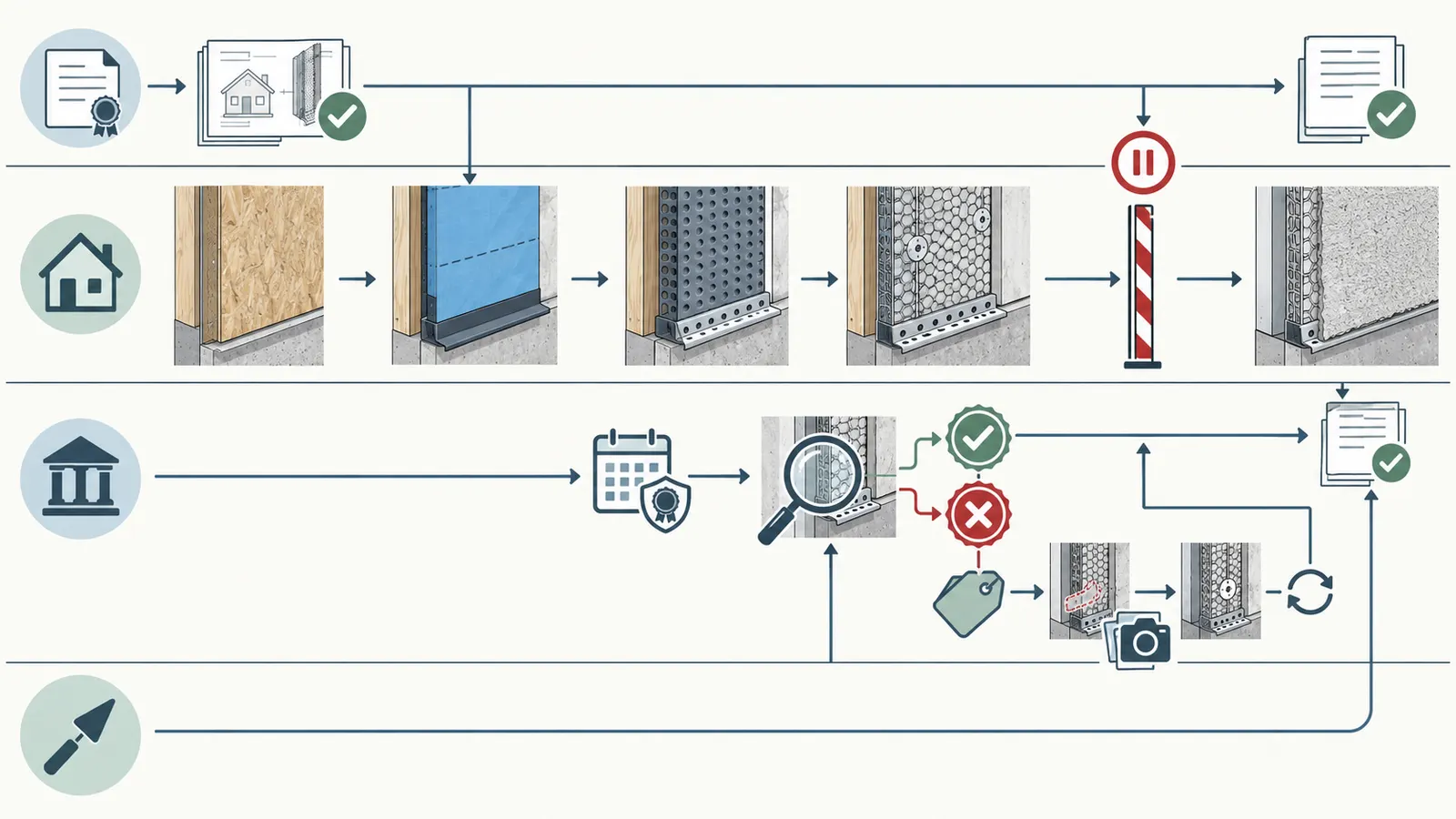 Responsibility sequence from approved documents through installation, local inspection, correction, and plaster handoff
