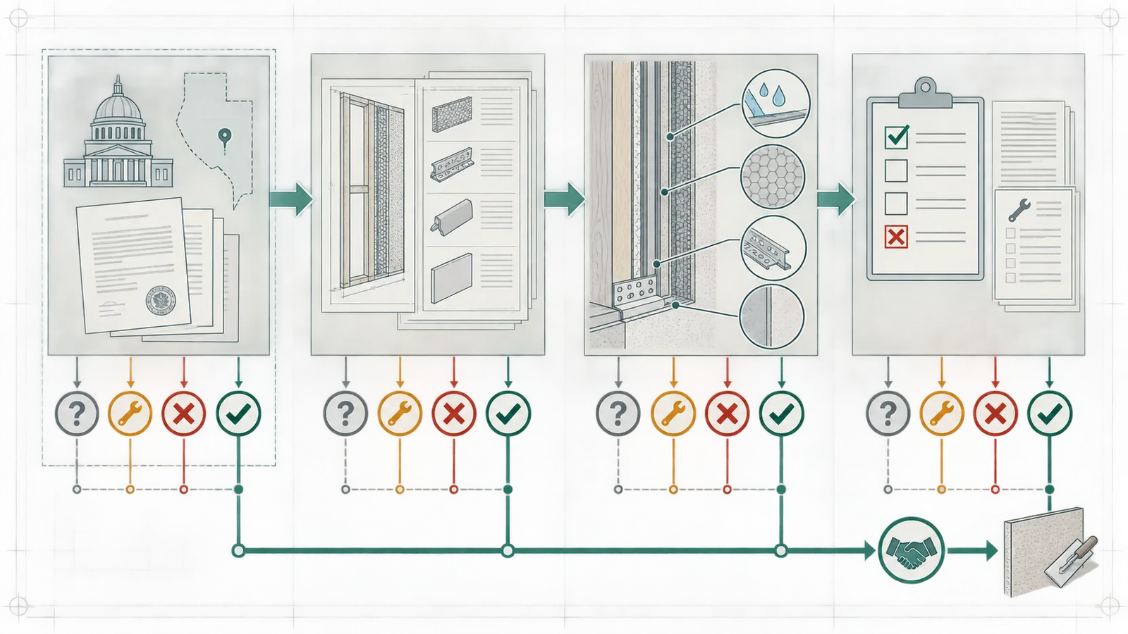 Decision map showing how jurisdiction, approved assembly, visible checks, and inspection status determine a stucco plaster handoff
