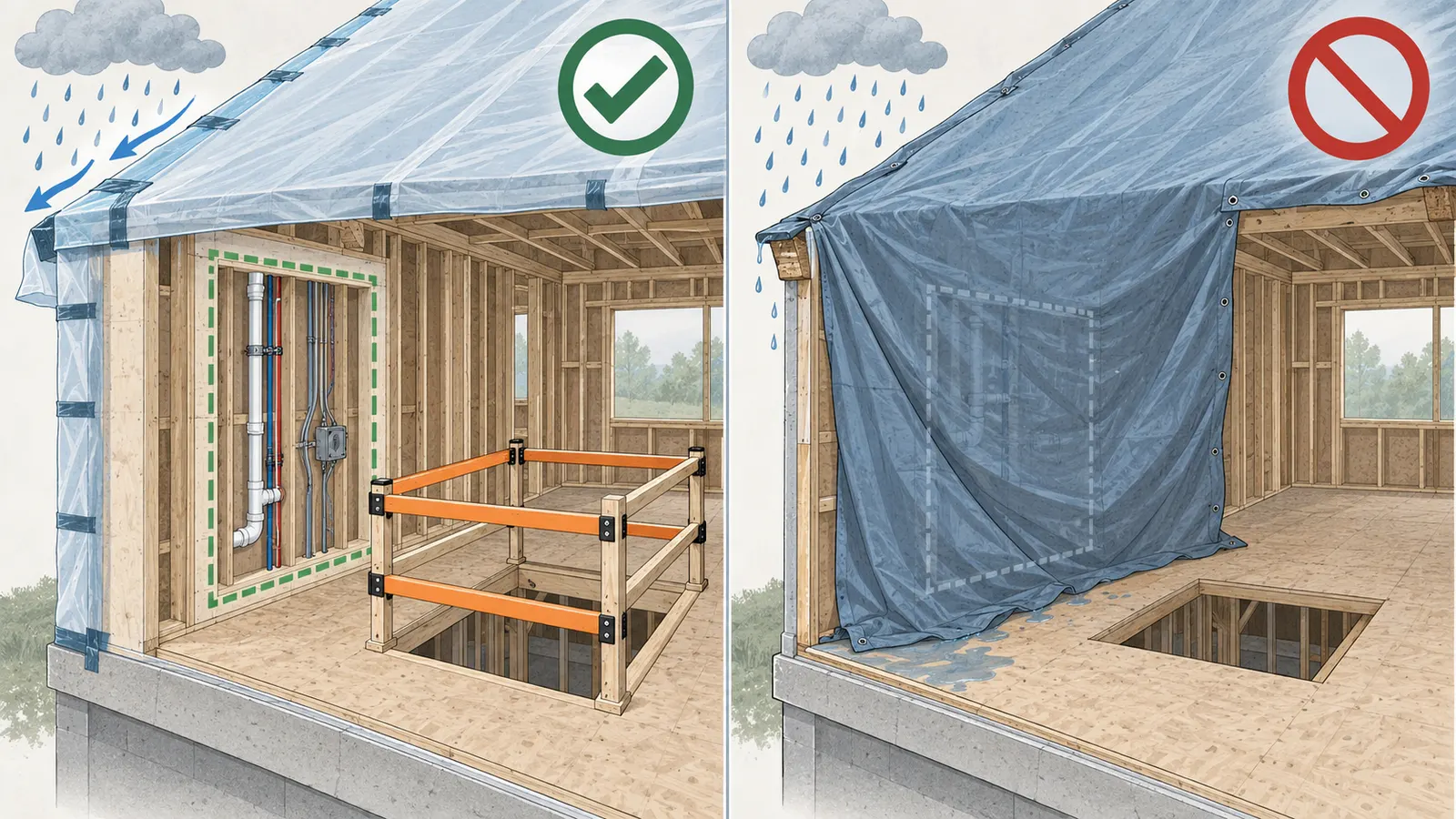 Comparison showing a protected opening that preserves inspection access versus a closure that hides a required hold.