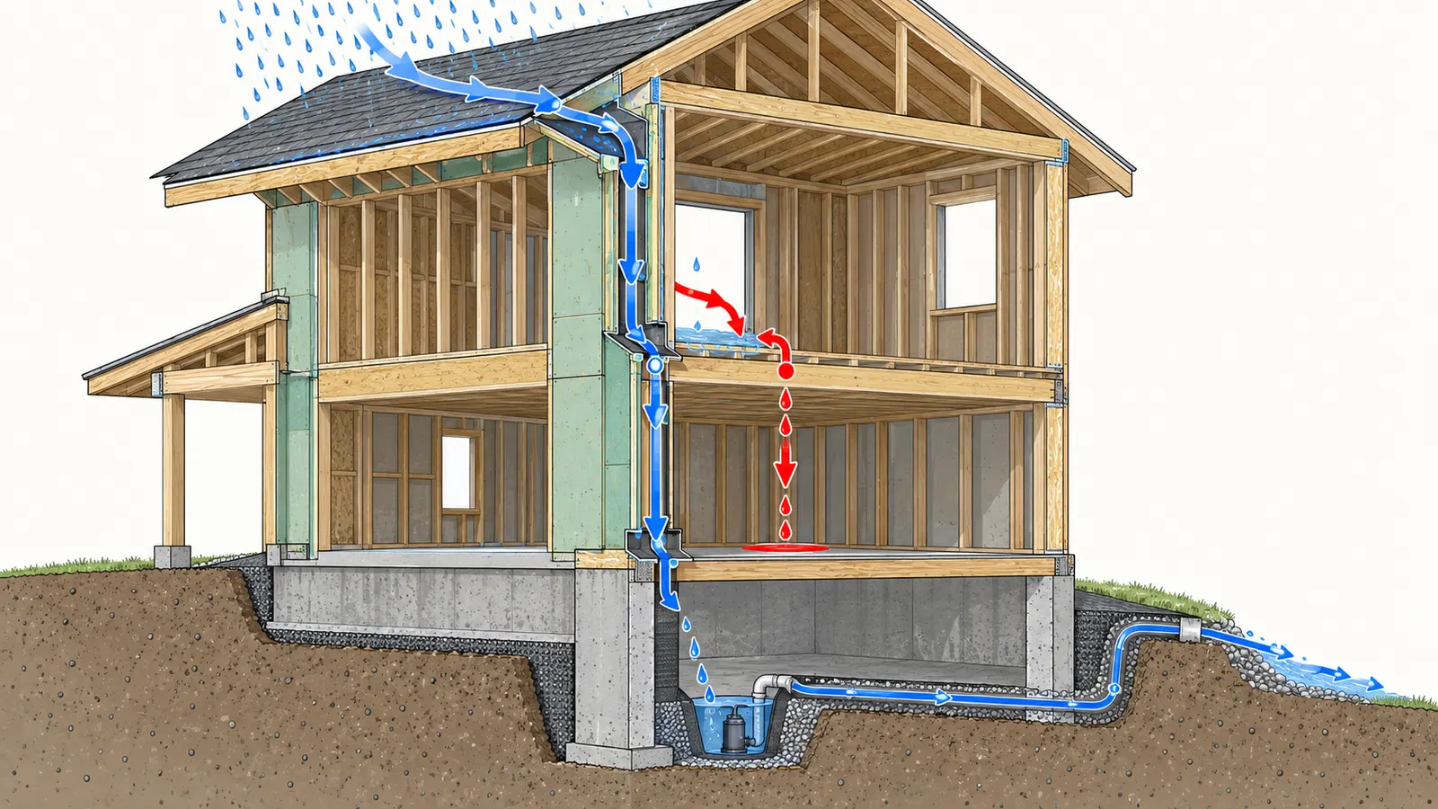 Cutaway of a framed house tracing rain from roof edges and openings to drainage and grade.