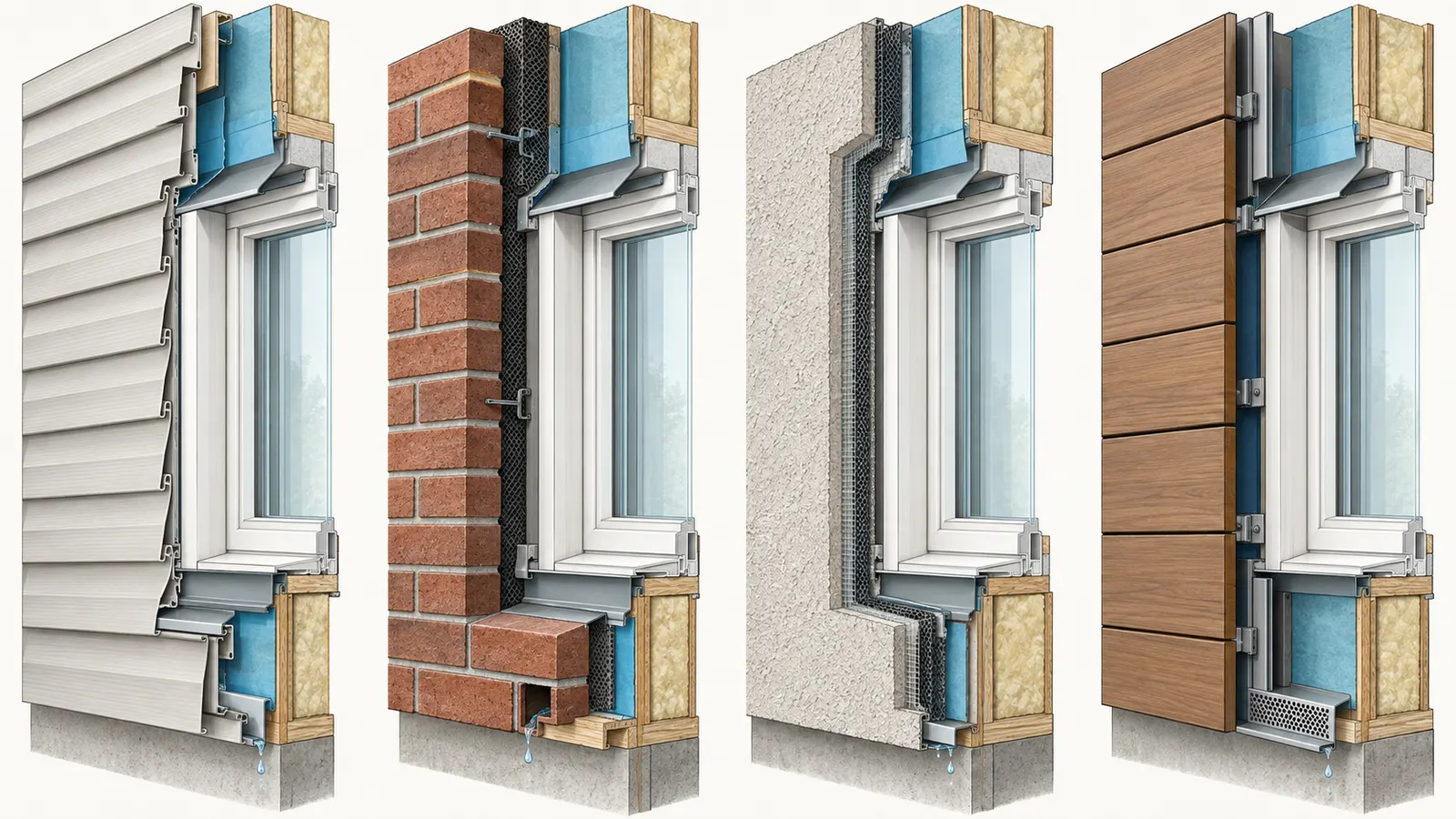 Cutaway comparison of window flashing draining into siding, brick, stucco and rainscreen cladding interfaces.