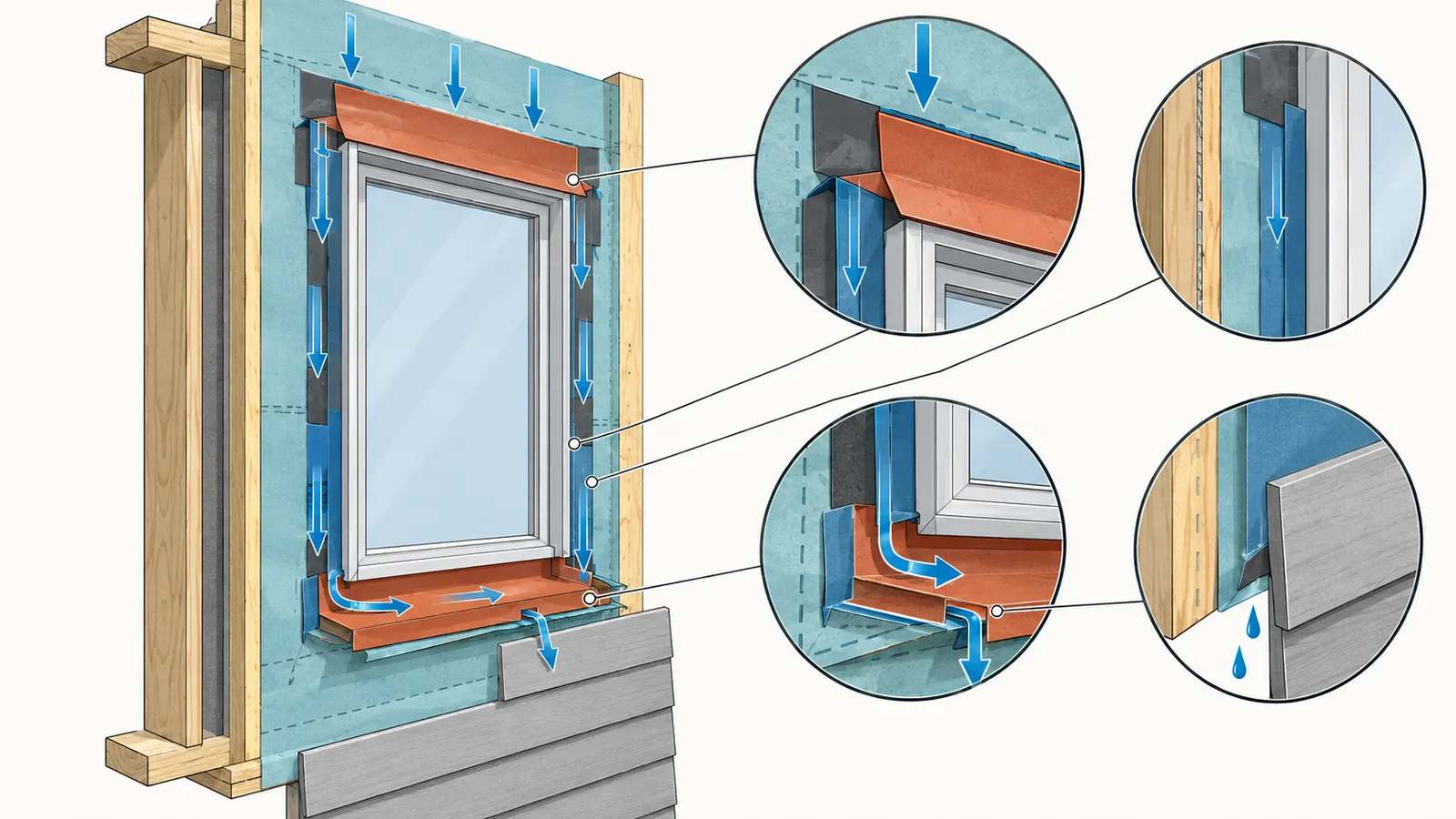 Diagram tracing water from the head flashing down the jambs, across the sill pan and out through the WRB drainage plane.