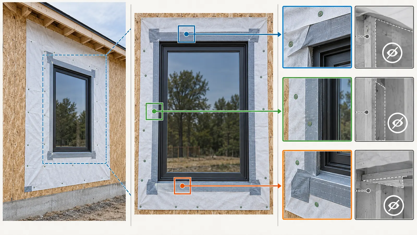 Comparison of a location photo, full opening photo and close-up photos needed to document flashing before cladding.