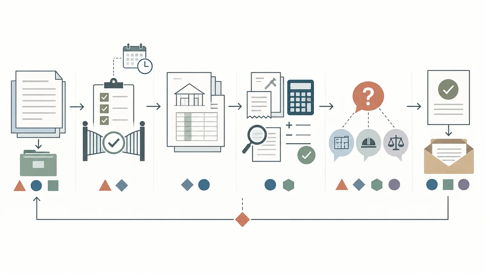 Six-step payment review sequence from receipt and contract mapping through evidence checks, decision, notice and next-cycle handoff.