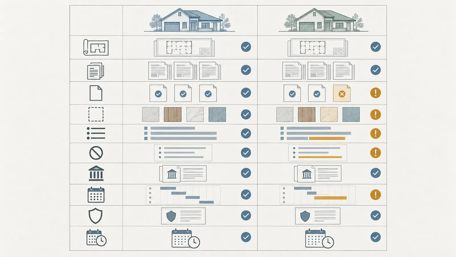 Side-by-side bid-basis comparison board aligning drawing revisions, addenda, allowances, exclusions, and schedule assumptions.