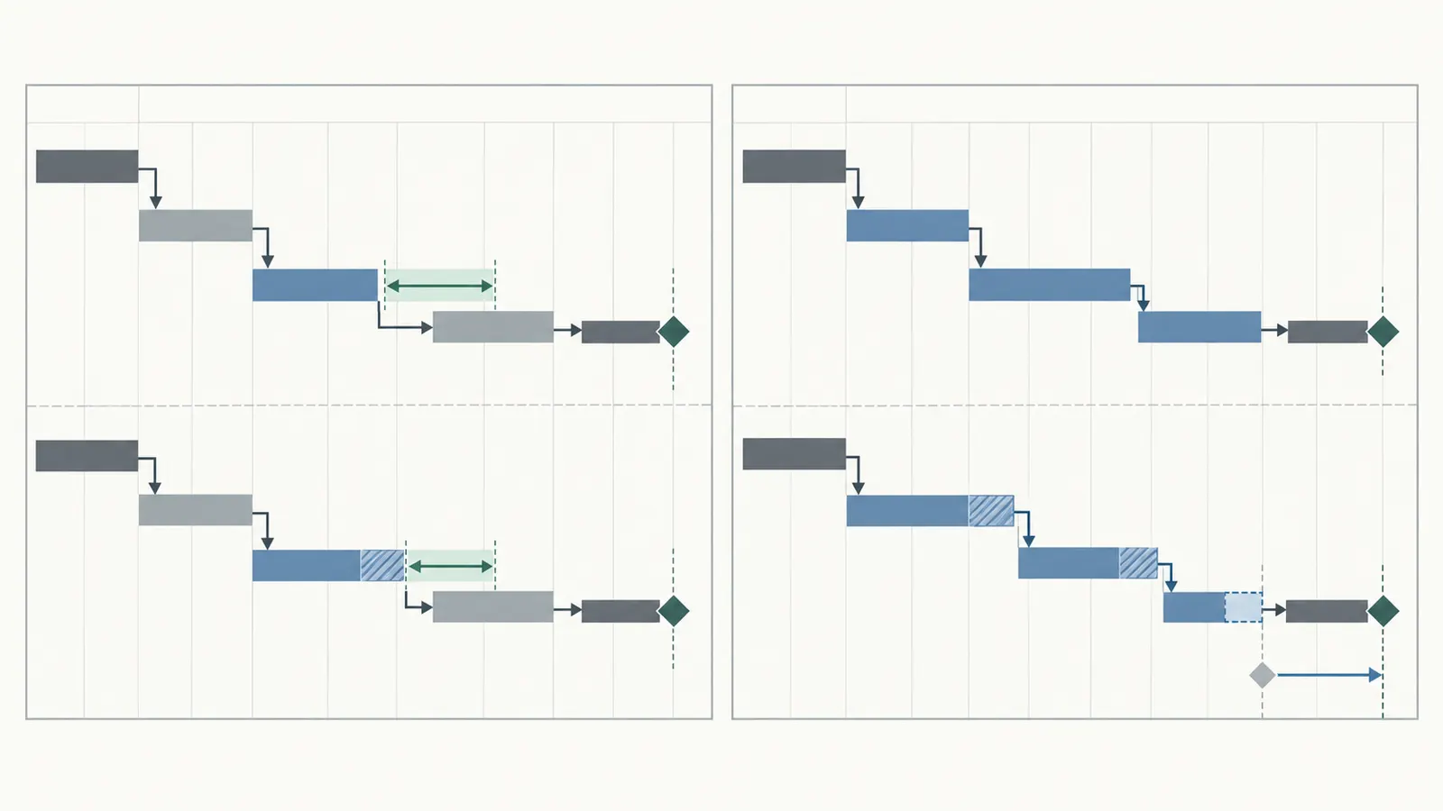 Two simplified project paths show the same four-day activity delay with and without available float.