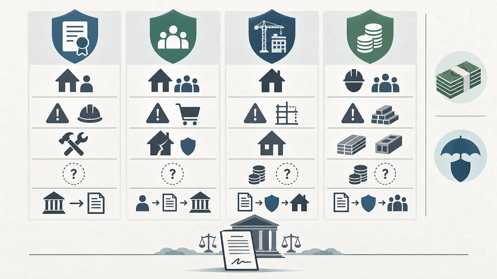 Comparison map showing license, consumer-protection, performance and payment bonds by protected party, trigger, scope and claim route.