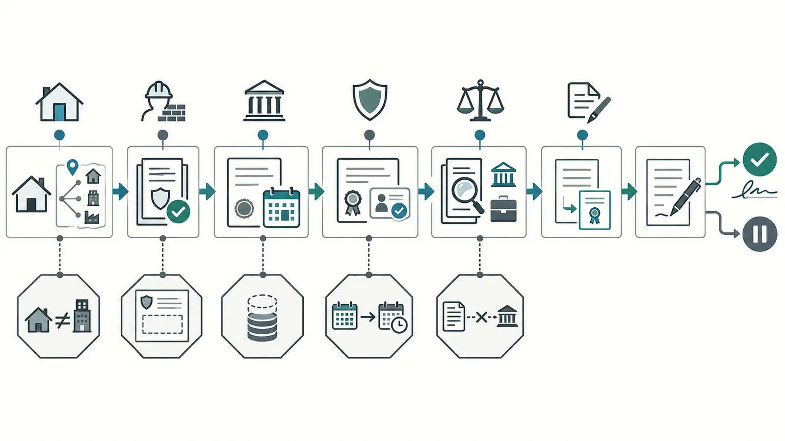 Pre-signature sequence from homeowner classification through builder documents, state verification, surety confirmation and local review.