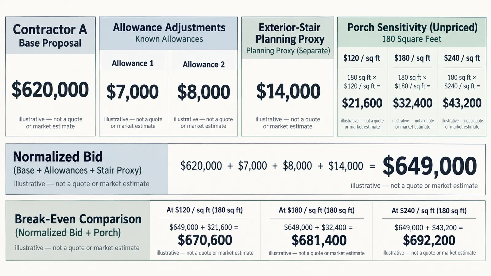 Illustrative two-bid comparison showing allowance adjustments and porch-cost sensitivity