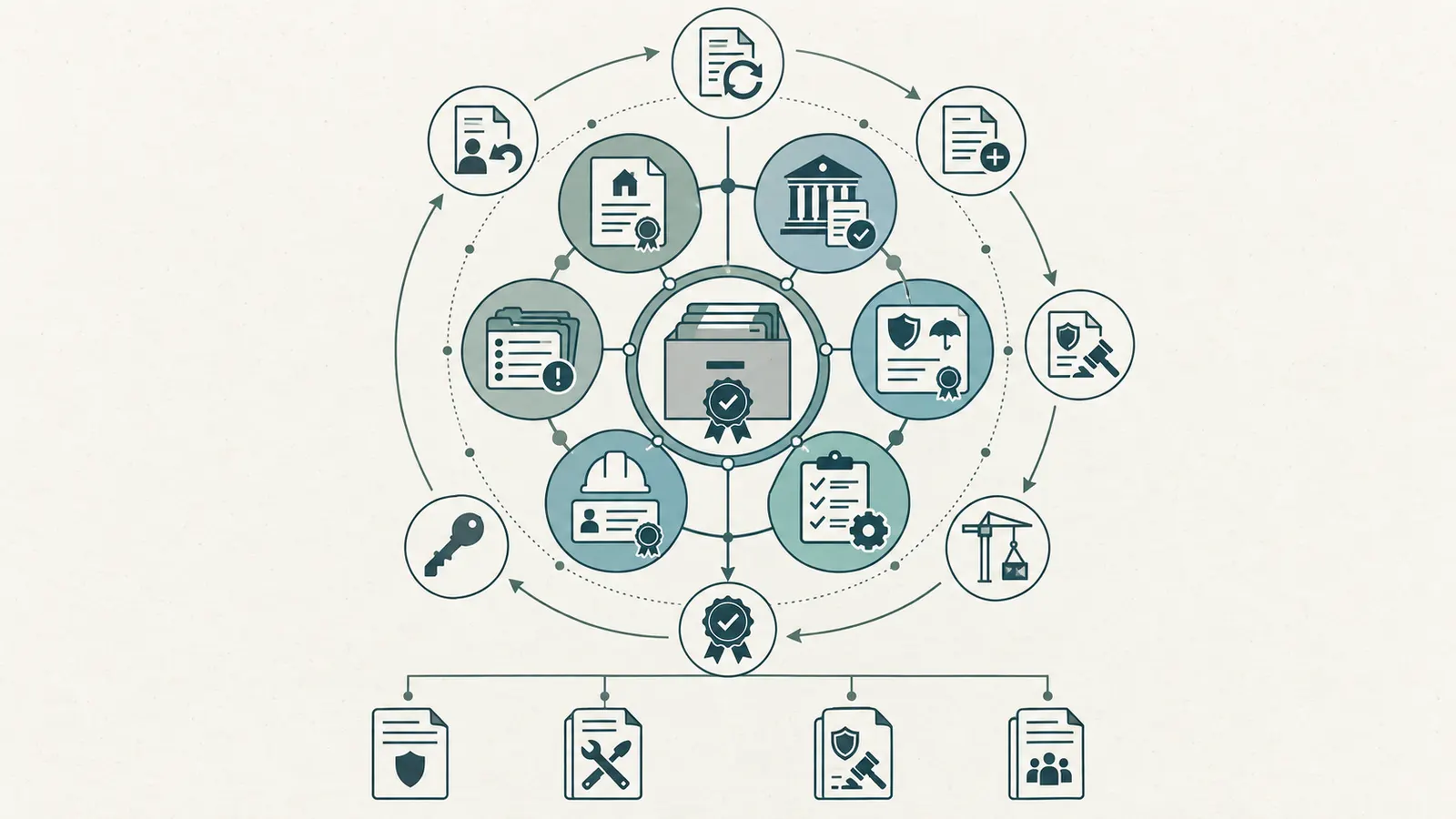 Closeout archive cycle linking contracts, verification, insurance, trade authority, warranties and open items