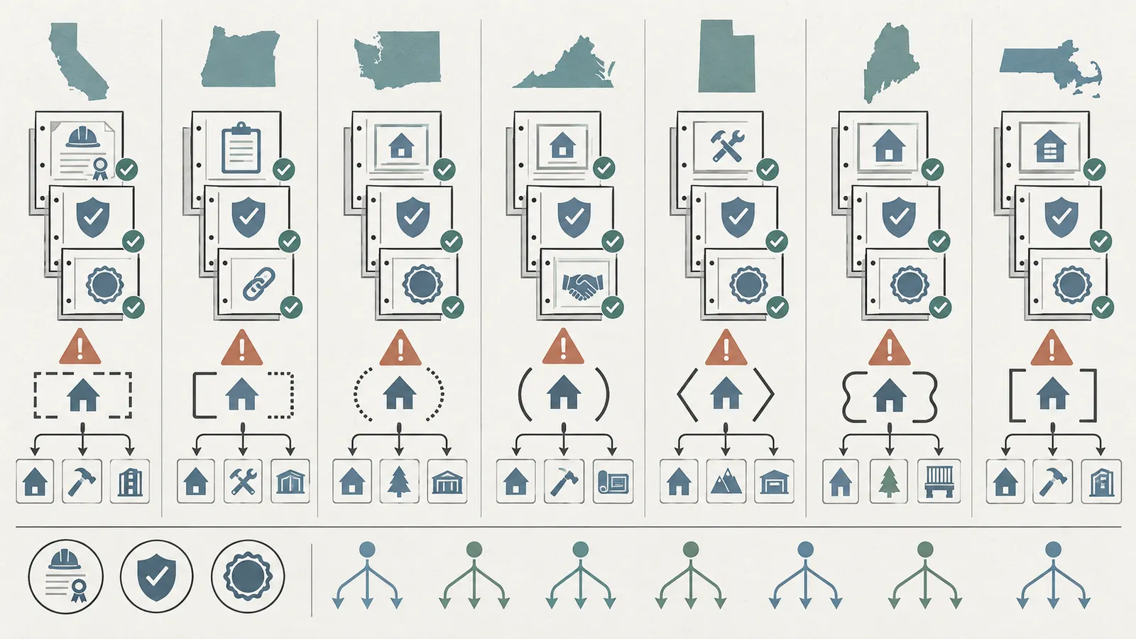 Comparison map of state contractor-register fields and scope limits for seven jurisdictions