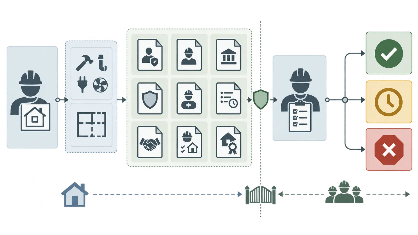 Handoff flow from prime contractor to trade partner with records, responsibility and release checks
