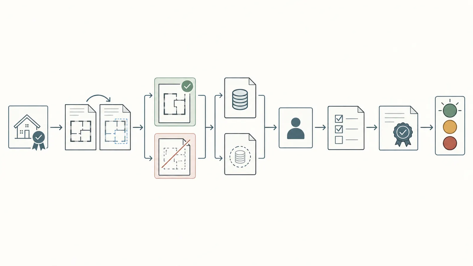 Decision map showing a scope item moving from document baseline to owner, handoff, evidence, and go or no-go release