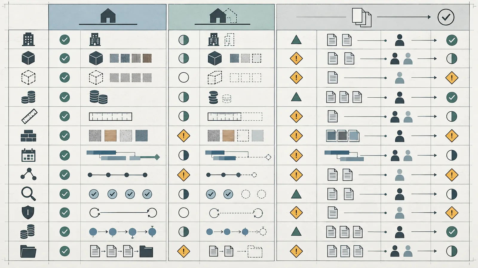 Side-by-side comparison matrix for an awarded trade package and an incoming replacement, with gaps routed to owners and statuses.