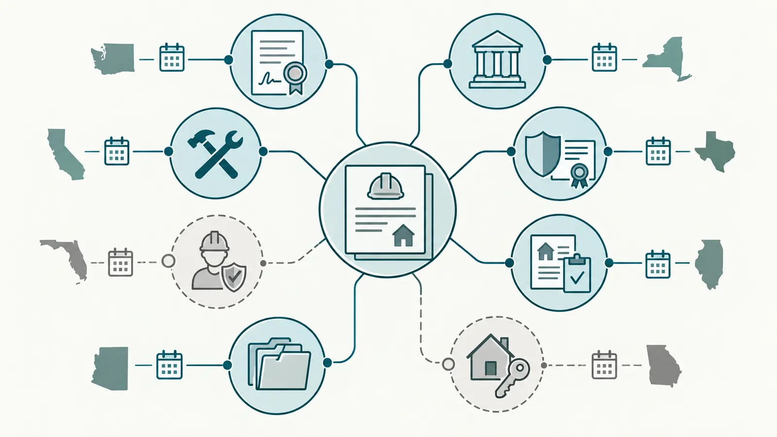 Evidence chain linking an incoming trade legal entity to jurisdictional credentials, insurance, permits, references, and warranty routing.