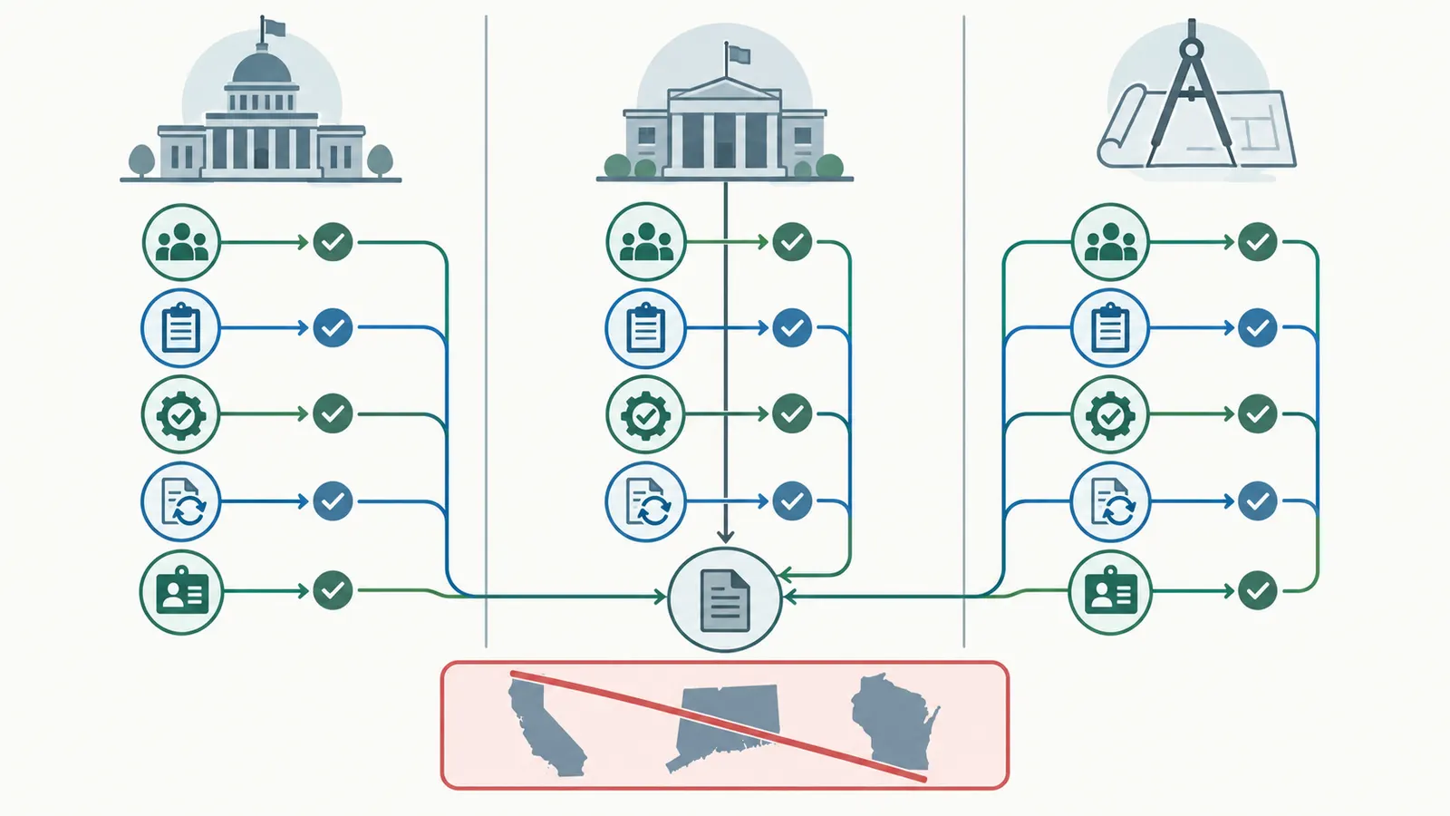 Permit and professional-authority handoff diagram separating state records, local building approval and design review
