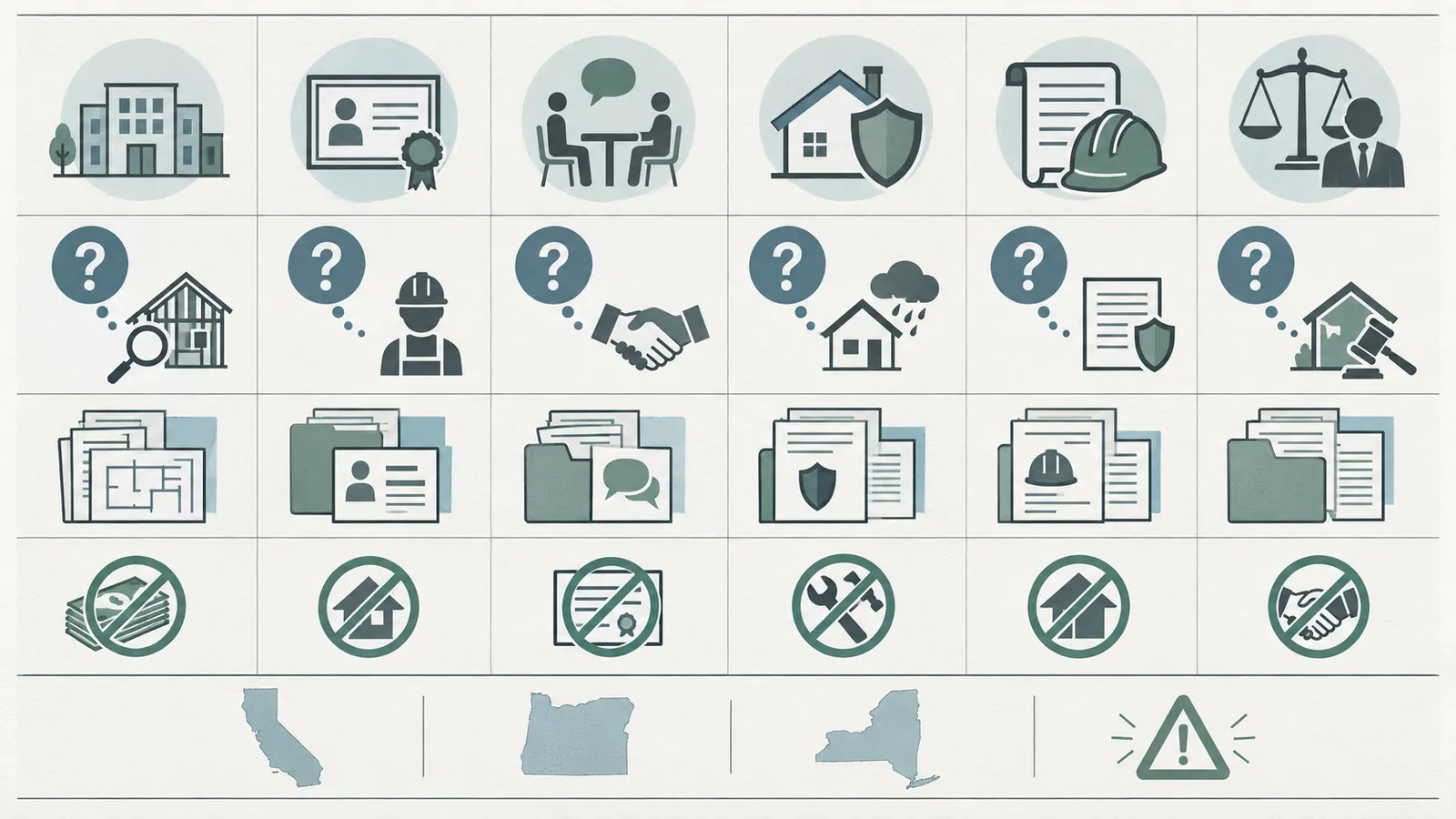 Comparison of local building, licensing, mediation, insurance, bond, and court routes by question, records, and limits.