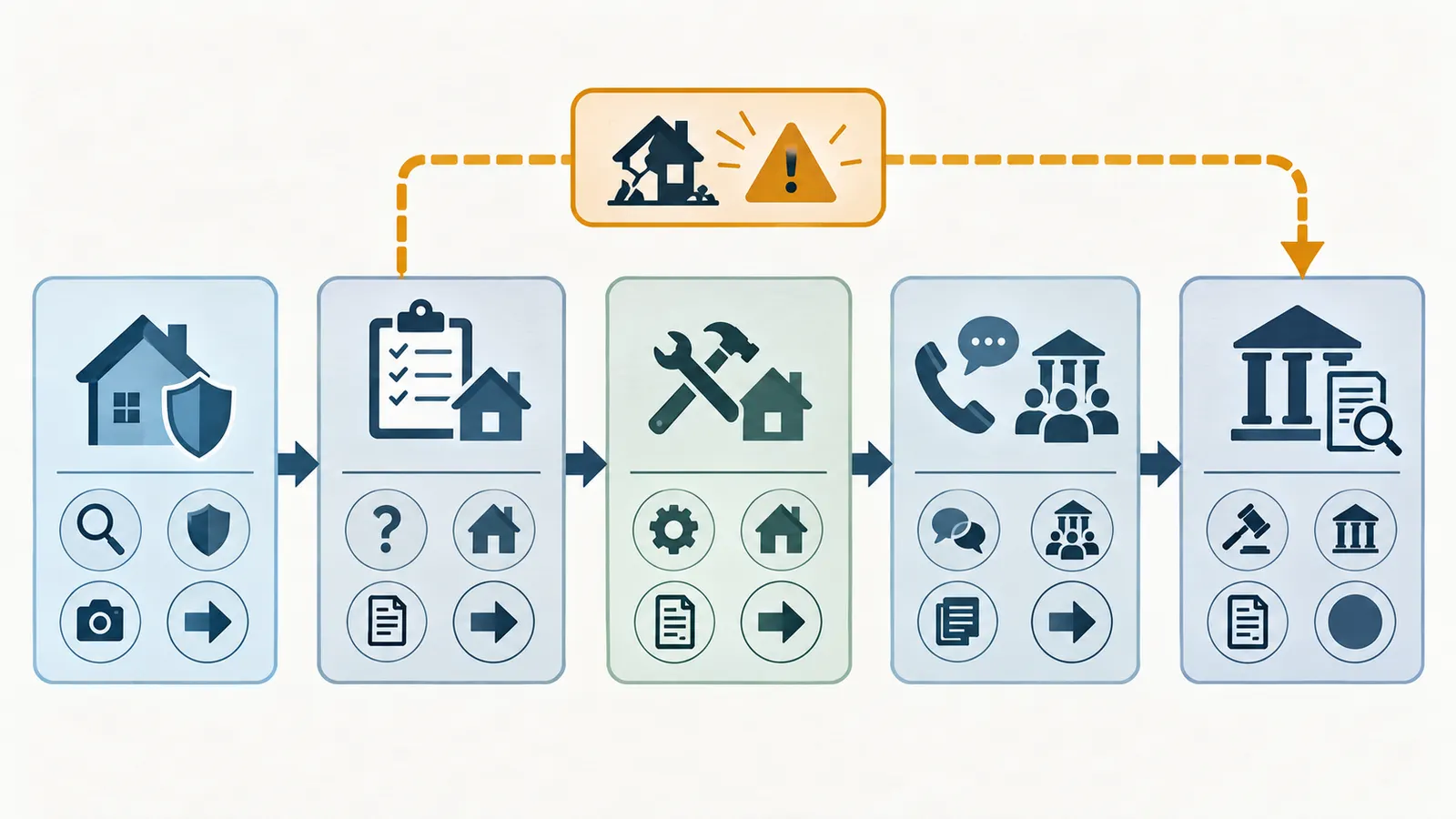 Five-gate map from protecting people and evidence through defining, curing, routing, and escalating a construction concern.