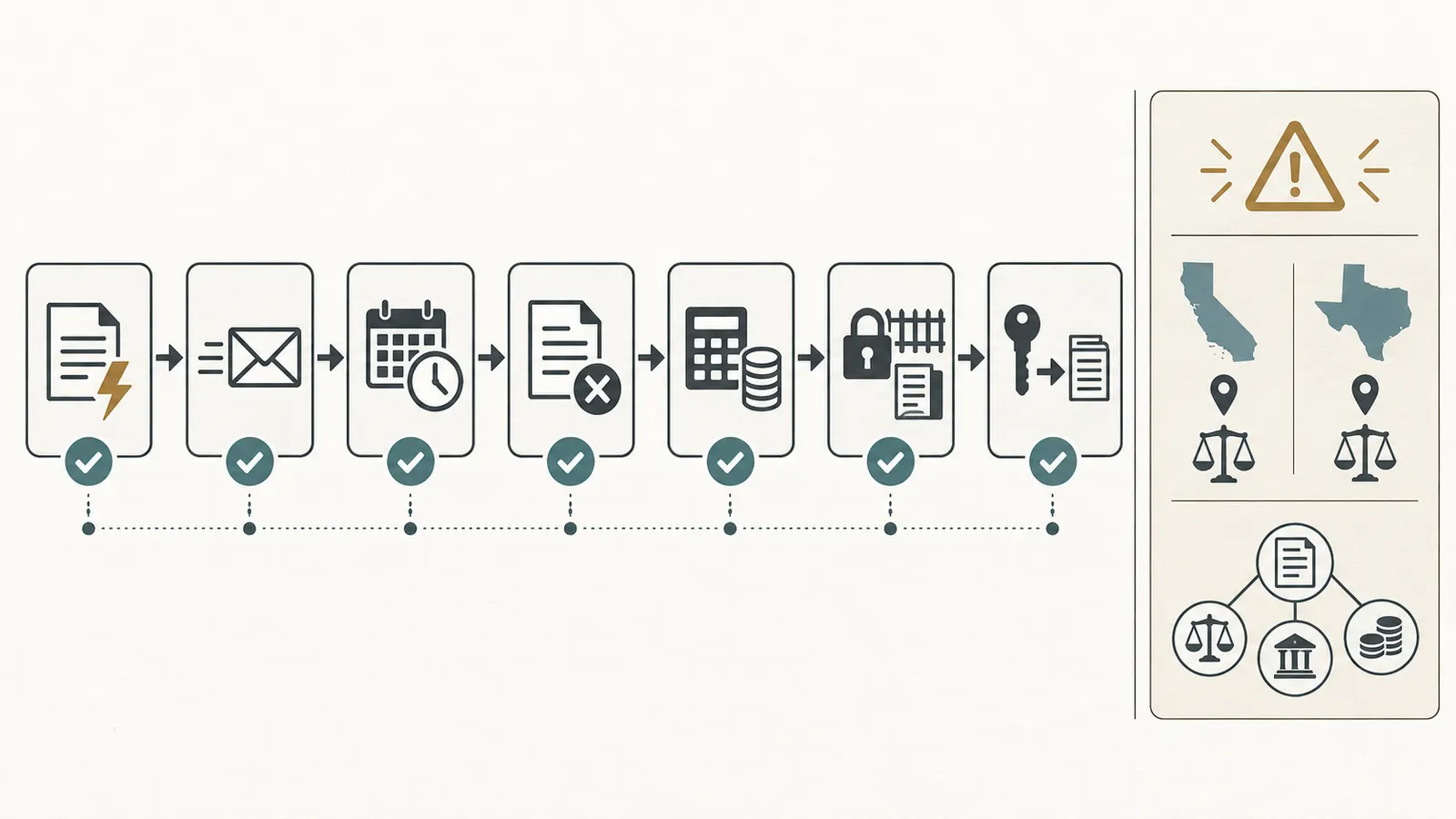 Decision map connecting contract default triggers to notice, cure, termination, accounting and project handoff checks